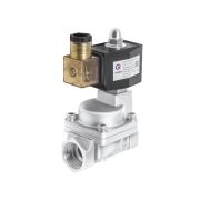 Клапан электромагнитный (соленоидный) двухходовой. Нормально закрытый НЗ. Номинальное напряжение катушки DС 24В. Ду32, присоединение G1 1/4. Непрямого действия. Корпус - нерж. сталь. Поршень - PTFE, температура среды до +180С.
